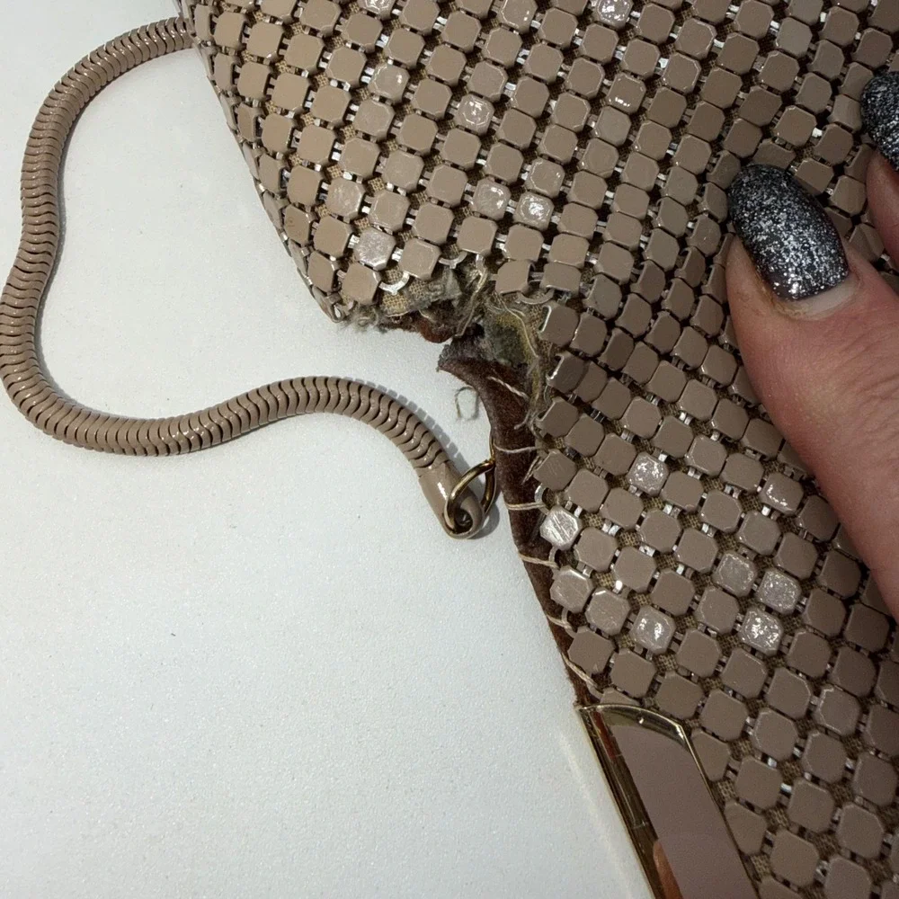Pelle Italia Vintage Mesh Clutch Handbag Taupe Gold Chain Strap Evening Bag